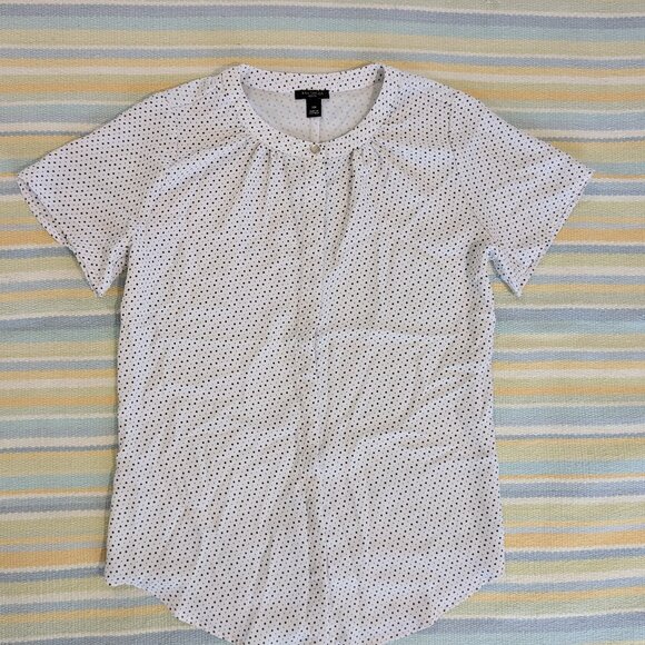 ⭐ Ann Taylor white with black polka dots mixed media blouse XSP - Picture 1 of 7